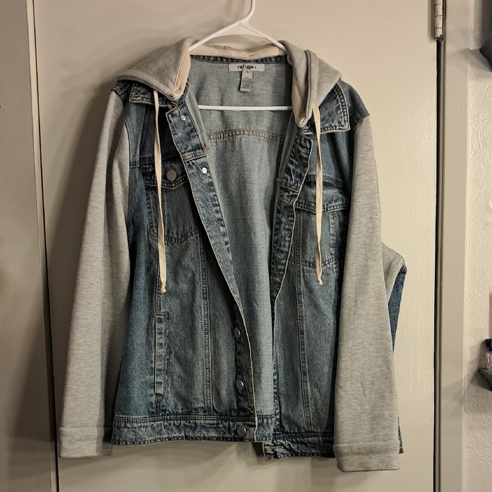 Blue Denim Jacket with Gray Hoodie